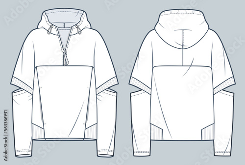 Unisex Hoodie technical fashion illustration. Hoodie Sweatshirt fashion flat technical drawing template, pocket, zip-up, front and back view, white, women, men, unisex CAD mockup.