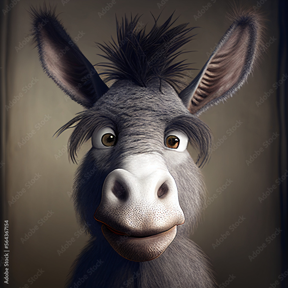 Fluffy donkey cute caricature close up, generative ai 