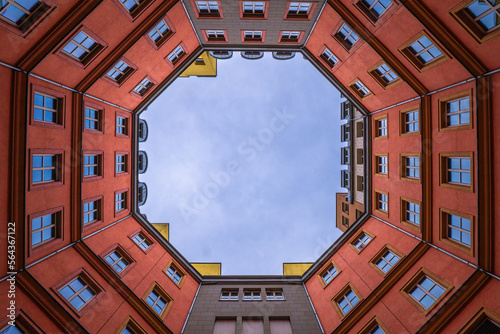 Looking towards the sky from an octagonal courtyard in Berlin
