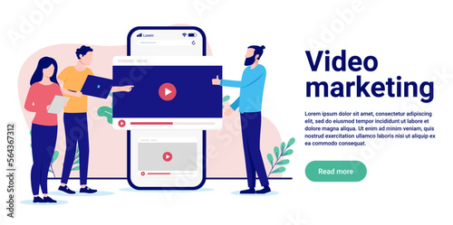 Video marketing - Team of people working with online advertising business together. Flat design vector illustration with white background and copy space for text