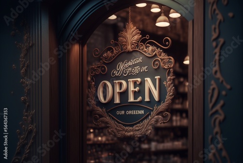 Retro open signboard on the door or window of the shop photo