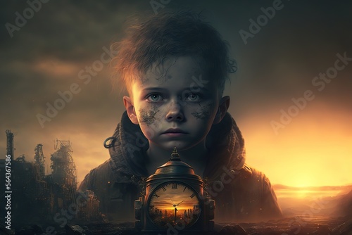 Tablou pe pânză Post-apocalypse concept illustration of a little boy with time watch generative