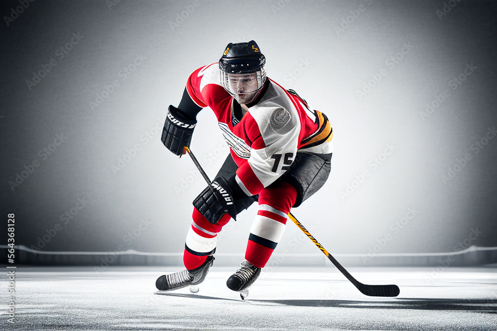Obraz premium Athlete in action. Professional hockey player in the helmet and gloves on ice. Ice hockey rink arena. Sports emotions. Dramatic wide shot, cinematic lighting. Generative AI