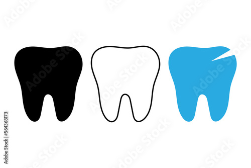 Teeth flat icon set on a white background. Black tooth in a flat style, linear tooth and dental icon in blue color