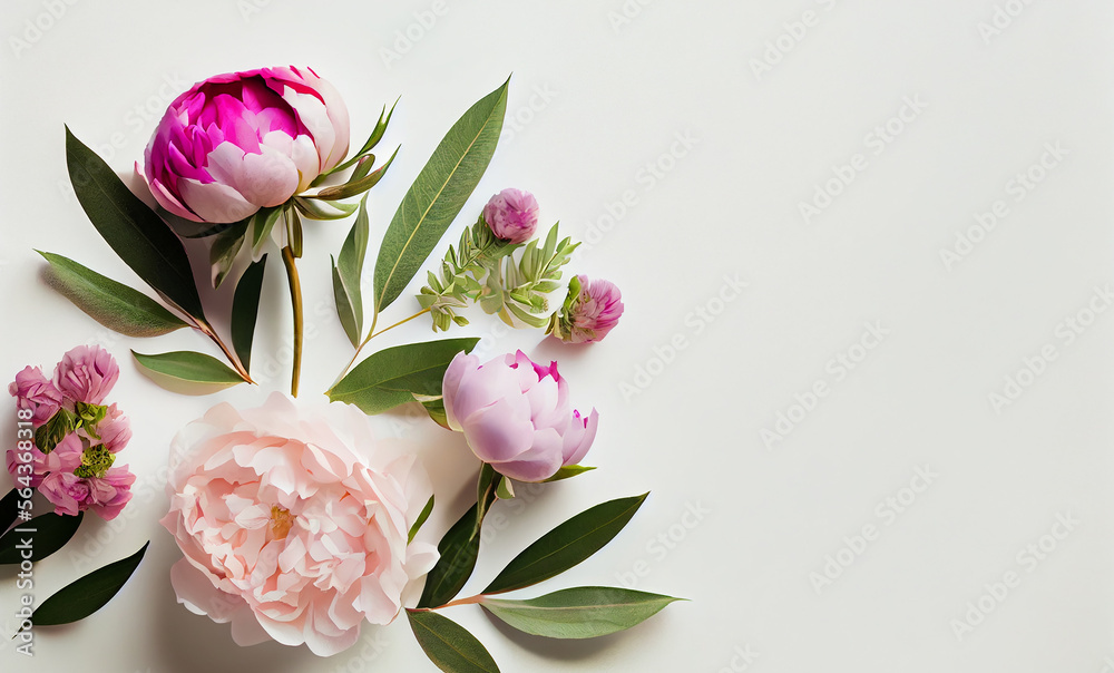 Beautiful pink peonies with place for text. Illustration Generative AI
