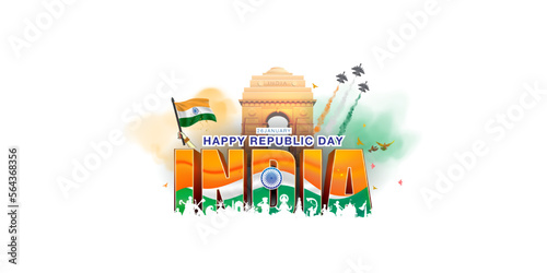 India gate Republic day parade background. Happy Republic day of India 3D text with cultural dance presentation and Tricolor flag.