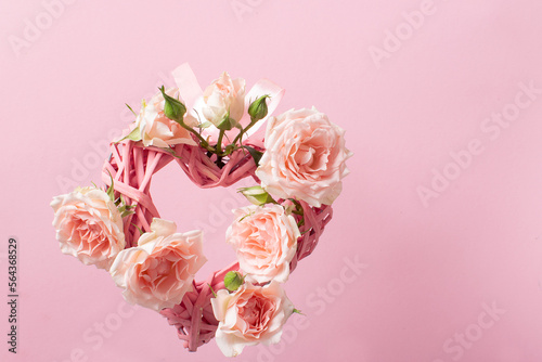 Close-up of a valentine made of braided hearts and roses on Valentine s Day