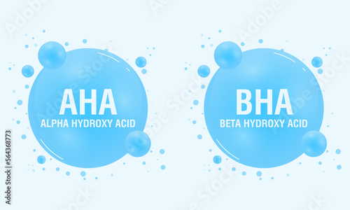 Vector set of AHA and BHA icons. Beta hydroxy acid and alpha hydroxy acid. Acids used as a face serum or solution. Dermal and beauty. Vector illustration photo