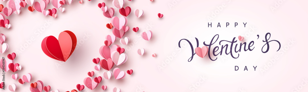 Valentine postcard with paper flying hearts on pink background. Vector symbols of love for Happy Valentine's Day greeting card design
