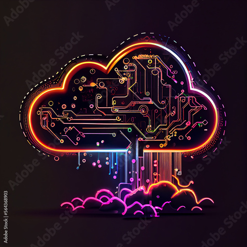 Neon Cloud computing technology concept. Illustration Generative AI