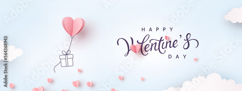 Valentine's Day postcard with paper flying elements and gift box on sky background. Romantic poster. Vector symbols of love in shape of heart for greeting card design