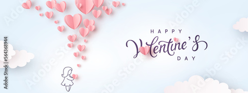 Valentine's Day postcard with paper flying elements and girl on sky background. Romantic poster. Vector symbols of love in shape of heart for greeting card design