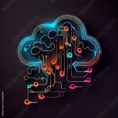 Neon Cloud computing technology concept. Illustration Generative AI