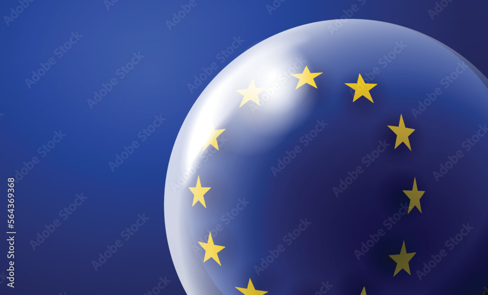 European Union flag stars in a shiny realistic globe close up background with copy space