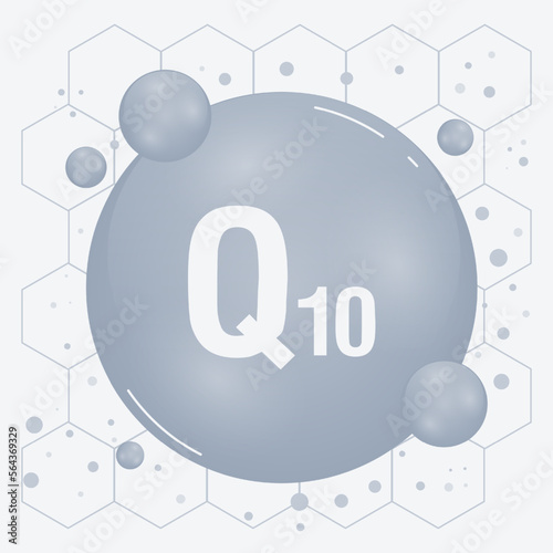 Q10 shining pill capcule icon. Vitamin complex with chemical formula, coenzyme Q 10, ubiquinone. Meds for heath, beauty ads. Vector illustration