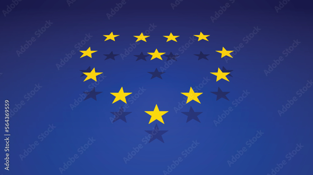 European union flag with stars forming a heart shape with shadows. European flag with floating stars. European union flag with stars forming a heart shape with shadows. European flag with floating stars.