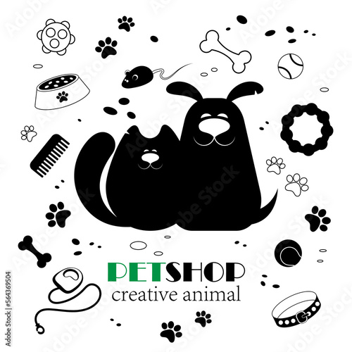 Vector logo design template for pet shops, black and white cat, dog and toys icons.