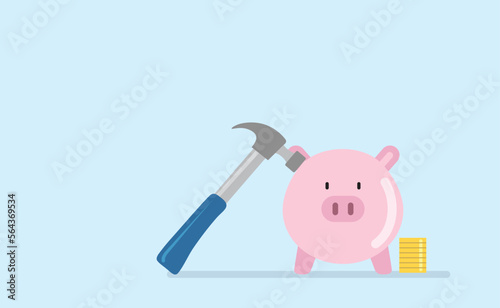 Cute piggy bank money box front view with hammer and golden coins stack. Concept of spending savings, investment, crashing piggy bank, hammer over piggy bank, inflation and financial crisis concept.