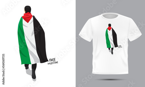 Free Palestine t-shirt design. Illustration of a man wearing a Palestinian flag on his shoulders