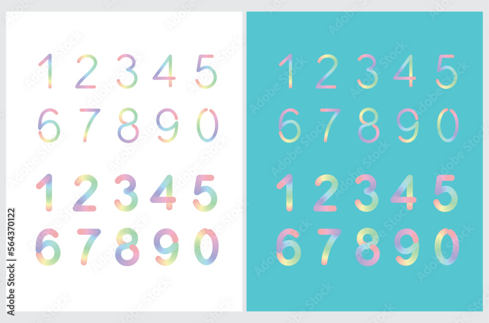 Set of Rainbow Color Numbers Isolated on a White and Turquoise Blue Background. Pastel Color Numbers ideal for Poster, Wall Art. Normal and Bold Multicolor Funny Font. Set of Numbers.