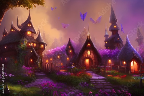 Magic elven house with fairy tale mushroooms and flowers, mystical forest, glowing lights, dreamland © PixelHub