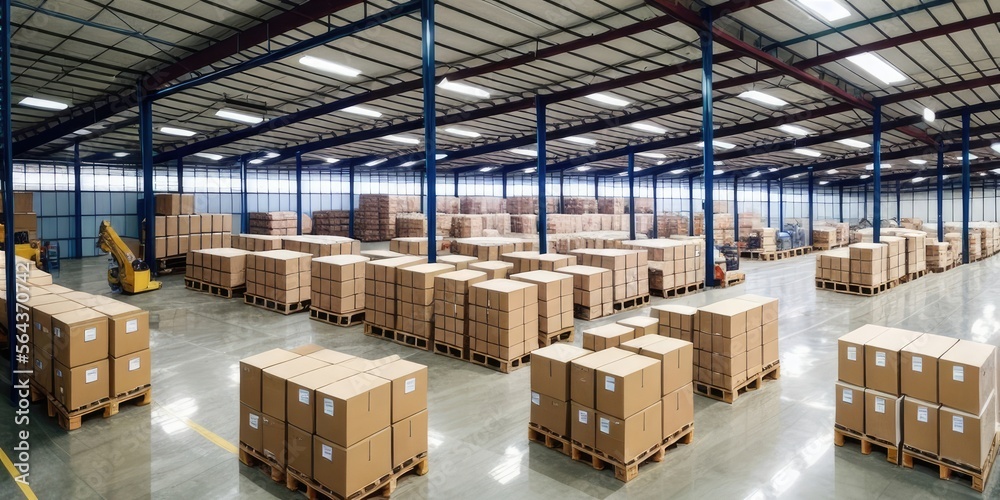 Warehouse with endless pallets of boxes and storage, robots and people working, massive factory facility, ai generated. Warehouse with endless pallets of boxes and storage, robots and people working, massive factory facility, ai generated.