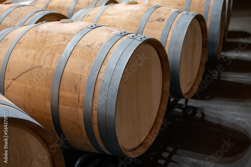 Obraz na płótnie Rows of french and american oak barrels in cellars of winery in Rioja wine makin