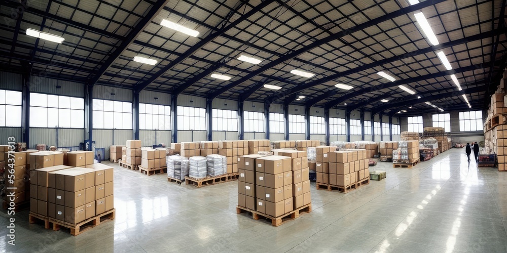 Warehouse with endless pallets of boxes and storage, robots and people working, massive factory facility, ai generated. Warehouse with endless pallets of boxes and storage, robots and people working, massive factory facility, ai generated.