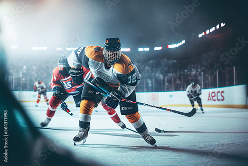 Athlete in action. Professional hockey player in the helmet and gloves on ice. Ice hockey rink arena. Sports emotions. Dramatic wide shot, cinematic lighting. Generative AI © Ruslan Shevchenko