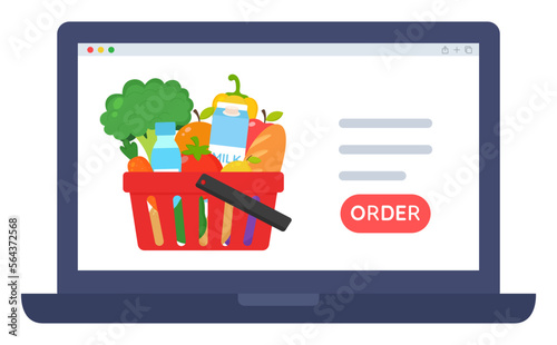 Online grocery shopping concept. Buying online on laptop fresh organic vegetables and grocery items. Laptop screen with product basket and order button. Health food. Web service and computer app.