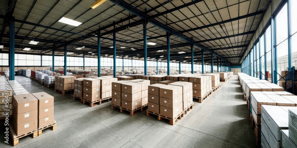 Warehouse with endless pallets of boxes and storage, robots and people working, massive factory facility, ai generated.