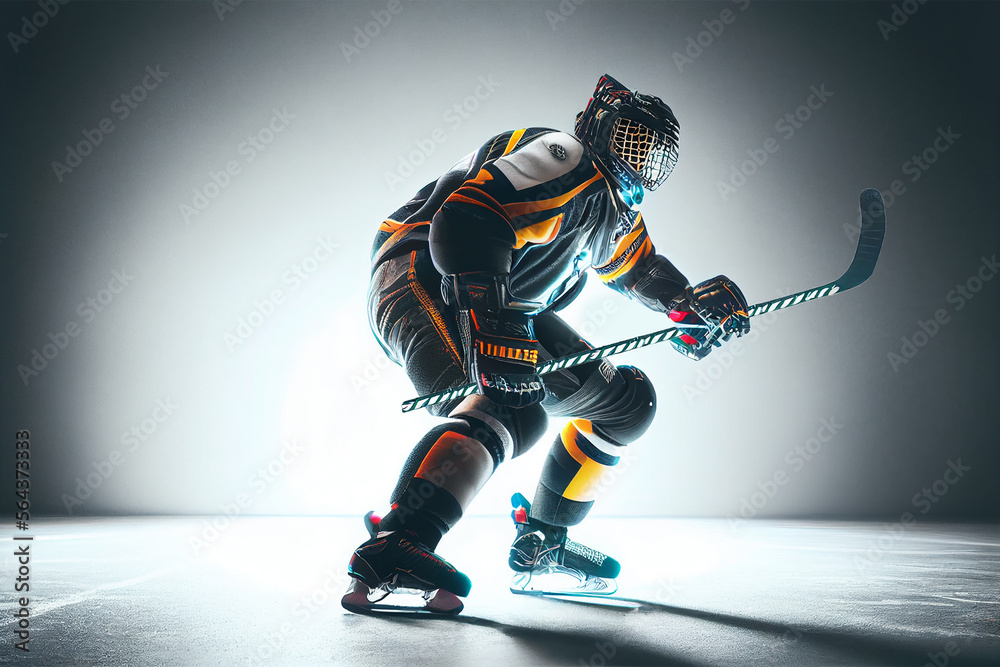 Obraz premium Athlete in action. Professional hockey player in the helmet and gloves on ice. Ice hockey rink arena. Sports emotions. Dramatic wide shot, cinematic lighting. Generative AI