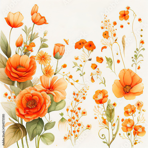 Fototapeta Naklejka Na Ścianę i Meble -  spring orange flowers clipart, vintage watercolor . Ai Generative