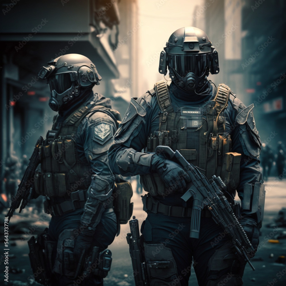 Riot police at a demonstration. Generative AI. Riot police at a demonstration. Generative AI.