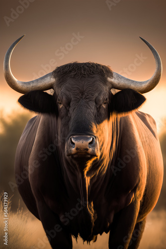 Portrait of a wild bull with long horns, in natural habitat, generative ai