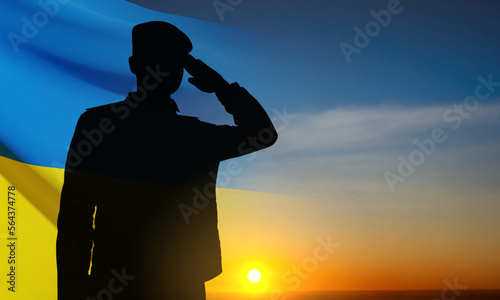 Flag of Ukraine with silhouette of soldier against the sunset. Armed forces of Ukraine concept. EPS10 vector