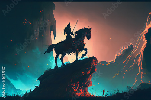 A knight with his horse standing on the dark skull cliff © Hui