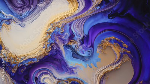 Luxurious fluid art in gold, blue and purple paint. Divorces and waves, mixing colors. Abstract liquid fluid art background.