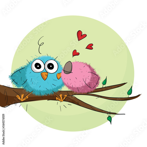 Cute illustration of two little birds kissing on a tree branch with a large moon in the background. Valentine's Day Card