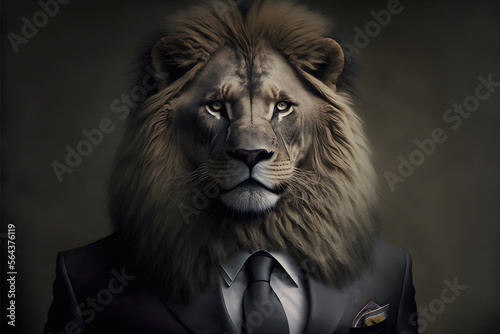 Portrait of a lion dressed in a formal business suit. 3d illustration