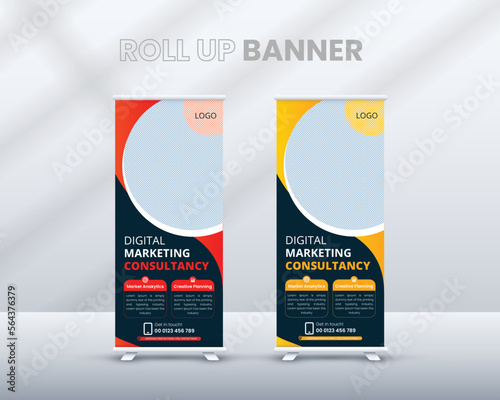 Modern business agency stands roll up banner design stands template layout for exhibition with 2 colors. editable roll-up banner vector template