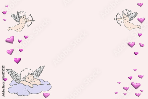 illustration for valentine's day, with pink hearts on a light background, with cherubs (with angels)