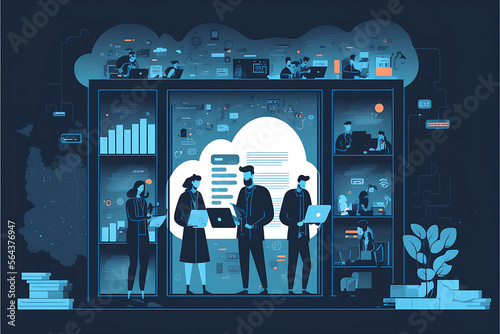 dark slate blue Flat vector illustration business technology storage cloud computing service concept with administrator team working on cloud