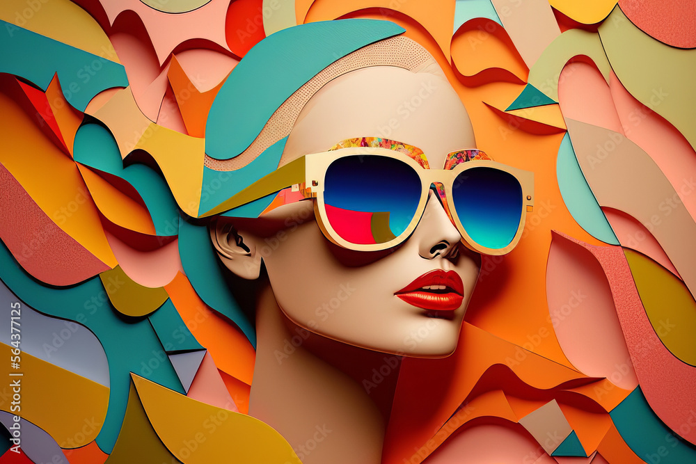 Fashion woman with trendy sunglasses. Retro poster paper art collage.  Digital Illustration, Generative AI Stock Illustration | Adobe Stock