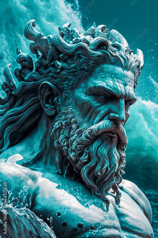 Majestic statue of Poseidon, the Greek god of the seas. Face washed by ...