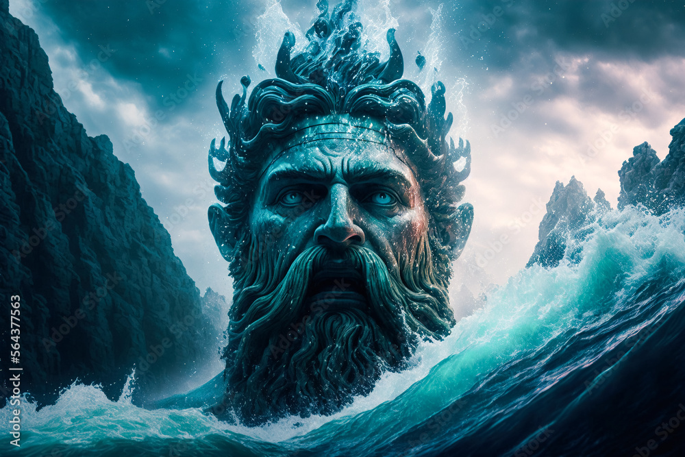 Majestic statue of Poseidon, the Greek god of the seas. Face washed by high ocean waves, generative ai - obrazy, fototapety, plakaty 