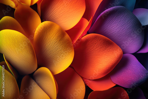 Extreme Closeup of vibrant colorful orange, yellow, peach, and purple flower petals with highly detailed shadows and lighting for backgrounds and graphic design