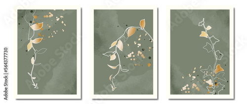 Set of wall art in vintage style with gold. Collection of botanical leaves, vines, with green watercolor texture, leaf branch, golden texture. Watercolor set of posters for decorating walls, interiors