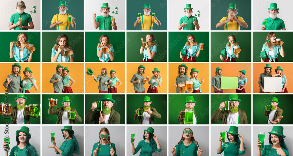 Fototapeta premium Collage of different happy people celebrating St. Patrick's Day on color background