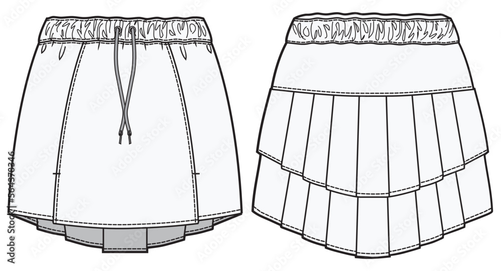 Women's high low Running Skirt flat sketch fashion illustration drawing